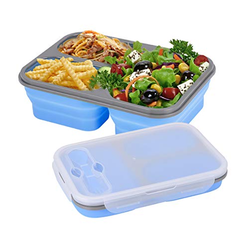 Hivexagon Recipiente Plegable de Silicona para Almacenamiento de Alimentos, Contenedor para Almuerzo Bento 3 Compartimentos con Cuchara Tenedor Libre de BPA para Adultos y Niños (1 Pieza)