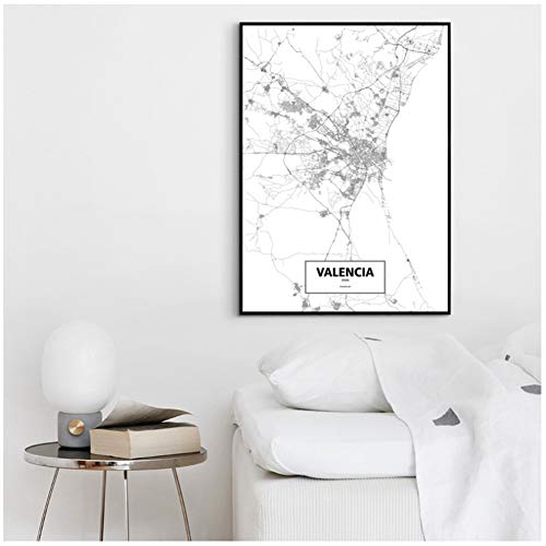 HJZBJZ Póster de Mapa de la Ciudad del Mundo Blanco y Negro de Valencia, impresión en Lienzo, Arte de Pared de Estilo nórdico, decoración del hogar, 20x28 Pulgadas, sin Marco