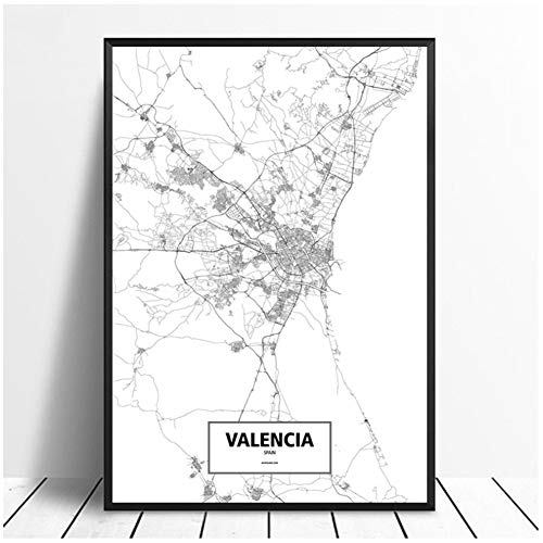 HJZBJZ Póster de Mapa de la Ciudad del Mundo Blanco y Negro de Valencia, impresión en Lienzo, Arte de Pared de Estilo nórdico, decoración del hogar, 20x28 Pulgadas, sin Marco