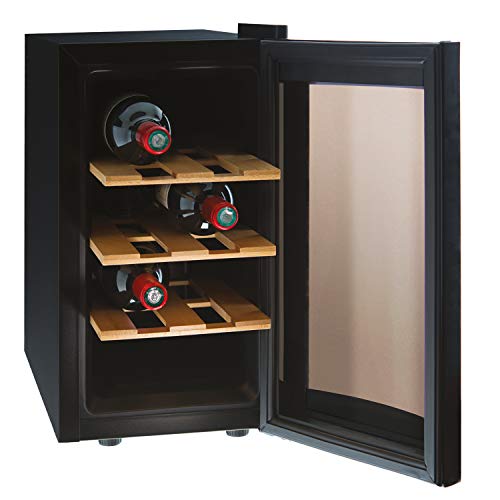 H.Koenig AGE8WV - Vinoteca 8 Botellas, Pequeña, Con Capacidad de 25 Litros, 70 W, Silenciosa, 41 dB, 3 Estantes de Madera, Panel Táctil, Luz LED, Puerta de Cristal, Acero Inoxidable, Negra.