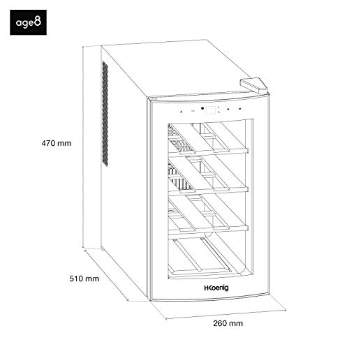 H.Koenig AGE8WV - Vinoteca 8 Botellas, Pequeña, Con Capacidad de 25 Litros, 70 W, Silenciosa, 41 dB, 3 Estantes de Madera, Panel Táctil, Luz LED, Puerta de Cristal, Acero Inoxidable, Negra.