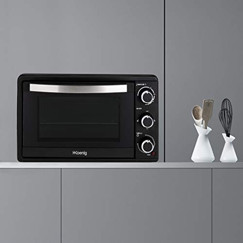 H.Koenig FO25 Electrico Sobremesa, Horno Encimera, Capacidad de 25 litros, 1500 W, 4 Modos, Temperatura hasta 230ºC, Tiempo hasta 60 Mins, Termostato, Acero Inoxidable, Negro