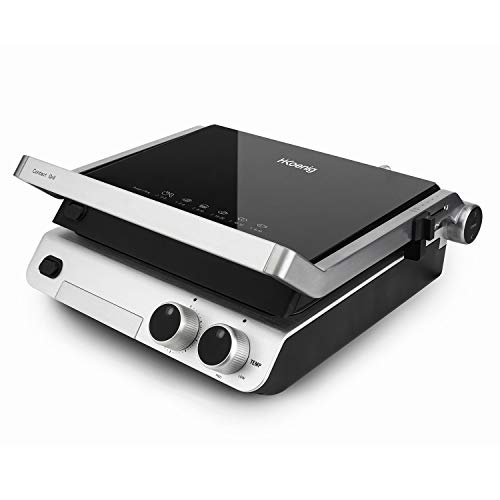 H.Koenig Panini Grill, Parrilla Eléctrica, Plancha y Sandwichera 2000 W, 30 x 25 cm, Regulador de Temperatura, Apertura 180º, Acero Inoxidable, Plástico, Negro/Gris, H.Koenig_GR70, XL