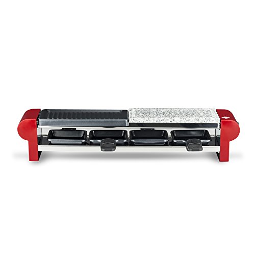 H.Koenig RP4 Raclette para 4 Personas, Plancha de Piedra Natural, Grill, 600 W, Acero Inoxidable, Rojo, 4 Sartenes Antiadherentes