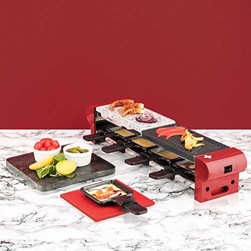 H.Koenig RP4 Raclette para 4 Personas, Plancha de Piedra Natural, Grill, 600 W, Acero Inoxidable, Rojo, 4 Sartenes Antiadherentes