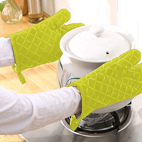 HNJKJEU Manopla Horno, Guantes Horno, Guantes Cocina Resistentes al Calor con Superficie de Silicona Antideslizante, Engrosamiento, Protección de la Muñeca, para Cocinar y Hornear(1 Par Verde)