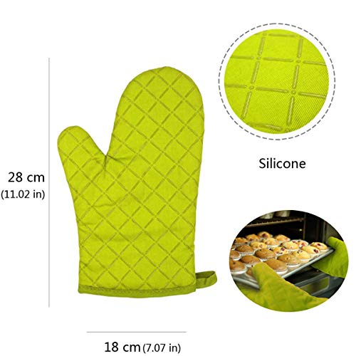 HNJKJEU Manopla Horno, Guantes Horno, Guantes Cocina Resistentes al Calor con Superficie de Silicona Antideslizante, Engrosamiento, Protección de la Muñeca, para Cocinar y Hornear(1 Par Verde)