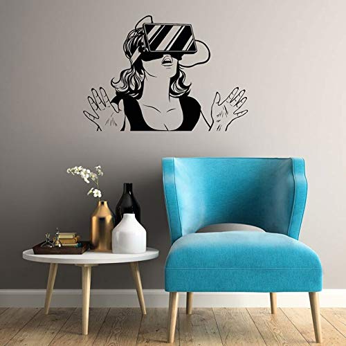 HNXDP Pegatina de pared de vinilo de realidad virtual VR Headset Gamer Girl Woman Decals Decoración del hogar Murales de la habitación Interior Houseware A394 81x57cm