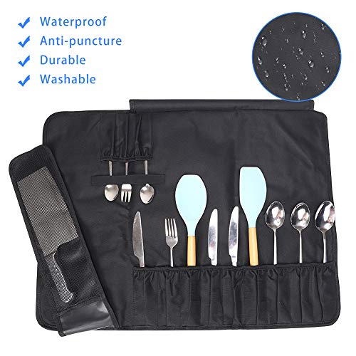 HNYG Chef Knife Roll Bag con 17 ranuras, bolsa de cuchillas compacta y portátil Estuche de almacenamiento con correa para el hombro, bolsa de herramientas resistente al agua y lavable HYDD14-UK