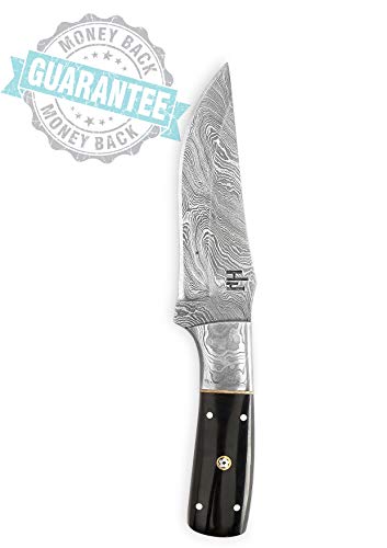 Hobby Hut HH-701, Cuchillo de Caza de Acero Damasco de 8.5 Pulgadas Hecho a Mano Personalizado - Hoja Fija de Espiga Completa, Mango de Cuerno de búfalo - Funda de Cuero