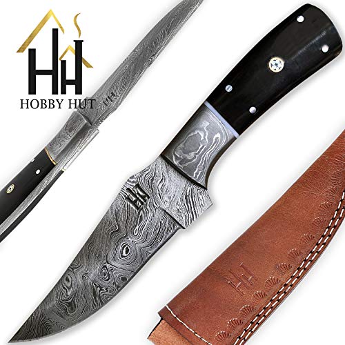 Hobby Hut HH-701, Cuchillo de Caza de Acero Damasco de 8.5 Pulgadas Hecho a Mano Personalizado - Hoja Fija de Espiga Completa, Mango de Cuerno de búfalo - Funda de Cuero