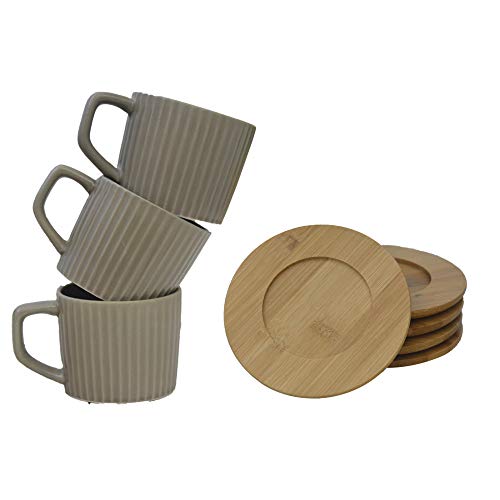 Hogar y Mas Juego de café Moderno, con Tazas Beige y Platos de bambú, con Soporte de bambú para Cocina