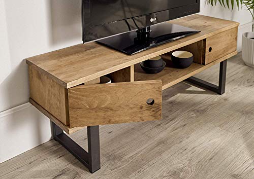 HOGAR24 ES Mesa televisión, Mueble TV Salón Diseño Industrial-Vintage, 2 Puertas y Estante, Madera Maciza Natural, Patas Metálicas. Medidas;110 cm x 40 cm x 30 cm