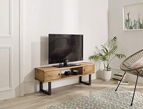 HOGAR24 ES Mesa televisión, Mueble TV Salón Diseño Industrial-Vintage, 2 Puertas y Estante, Madera Maciza Natural, Patas Metálicas. Medidas;110 cm x 40 cm x 30 cm