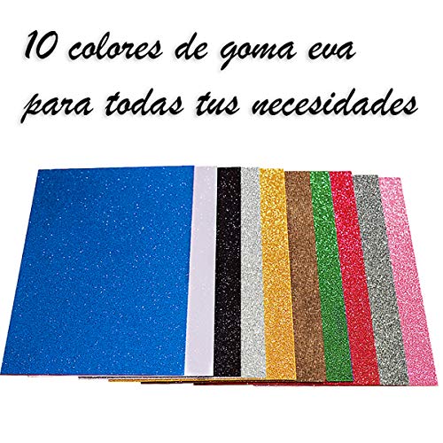 Hoja de Goma eva con Purpurina Tamaño A4 grueso 2mm, Papel Foamy, Papel Decorativo, Hojas de Espuma EVA para Decorar y Manualidades Art-20x30cm (Multicolor) (10 pcs)