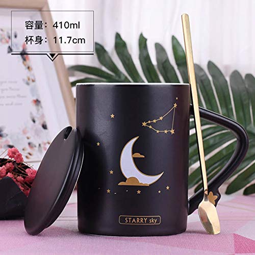 hokkk Dulce Taza Linda Taza de cerámica Femenina con Tapa Cuchara Linda Taza de café Personalidad Creativa Pareja casa Taza Agua Animal Negro Luna