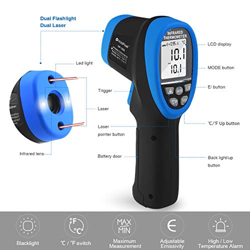 Holdpeak HP-1500 Pistola alta Temperatura, Termómetro Infrarrojo Láser Digital sin Contacto,(-50~1500℃) D: S = 30: 1,Emisividad Ajustable,Retroiluminación de LCD, para la Industria