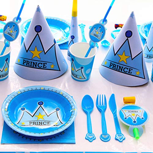 Holibanna vajilla desechable conjunto tema de corona sombreros de papel cubiertos con servilletas y manteles suministros para la cena para niños fiesta vajilla de cumpleaños 48 piezas