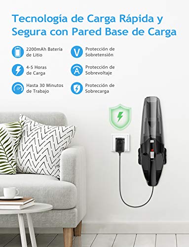 Holife Aspiradora de Mano, Aspirador de Mano Sin Cable Potente, Aspiradora portátil Recargable y Tecnología Ciclónica,Base de Carga en Pared,Aspirador en Seco y Hmedo para Oficina Hogar y Coche