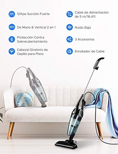 Holife Aspiradora Escoba de 12Kpa, Aspirador Vertical 2 en 1, 800ml, con 2 Filtros HEPA Lavables y 3 Cepillos, Vertical y Portátil Ajustable [Clase de eficiencia energética A+]