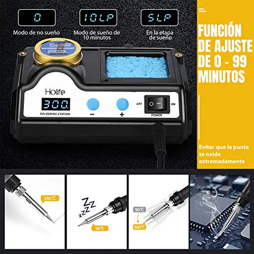 Holife Estación de Soldadura, Kit del Soldador Eléctrico Pantalla Digital con 5 puntas de Soldadura Adicionales, Temperatura Ajustable de 90℃ - 480℃, Interruptor °C / ℉