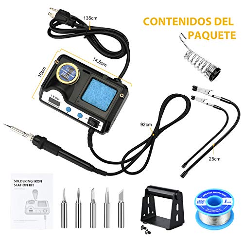 Holife Estación de Soldadura, Kit del Soldador Eléctrico Pantalla Digital con 5 puntas de Soldadura Adicionales, Temperatura Ajustable de 90℃ - 480℃, Interruptor °C / ℉