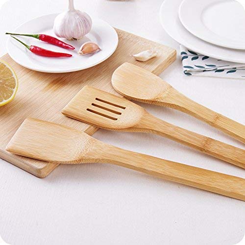 Hollylife Utensilio de Cocina de Madera Natural Moderna con Porta, 7 Piezas, Espátulas Cucharas Sólidas de Bambú Puro, sin Barnizada