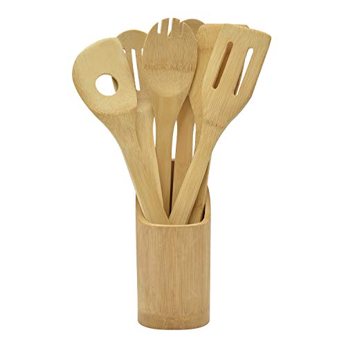 Hollylife Utensilio de Cocina de Madera Natural Moderna con Porta, 7 Piezas, Espátulas Cucharas Sólidas de Bambú Puro, sin Barnizada