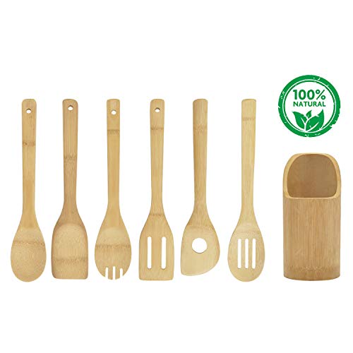 Hollylife Utensilio de Cocina de Madera Natural Moderna con Porta, 7 Piezas, Espátulas Cucharas Sólidas de Bambú Puro, sin Barnizada