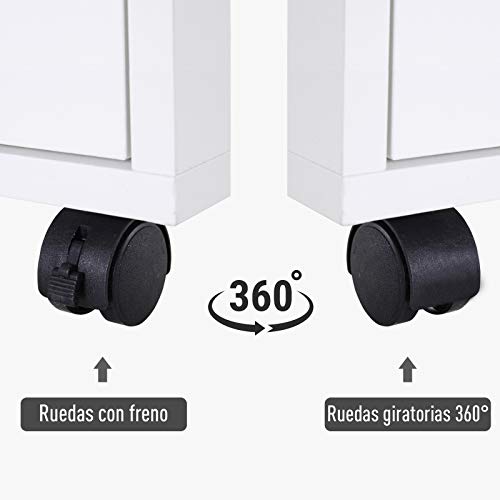 HOMCOM Cajonera para Oficina con 4 Ruedas 2 Frenos Cajón Cerradura Estante Abierto y Armario Estudio Habitación 40x35x60cm Máximo 25kg Blanco