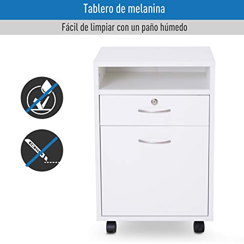 HOMCOM Cajonera para Oficina con 4 Ruedas 2 Frenos Cajón Cerradura Estante Abierto y Armario Estudio Habitación 40x35x60cm Máximo 25kg Blanco