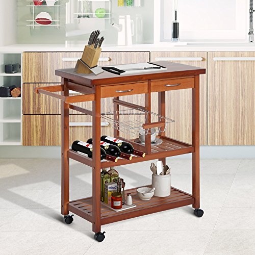 HOMCOM Carrito de Cocina Mesa Servicio Auxiliar Madera y Metal Cromado con 4 Ruedas 2 Cajones y Botellero 81 x 38 x 85 cm