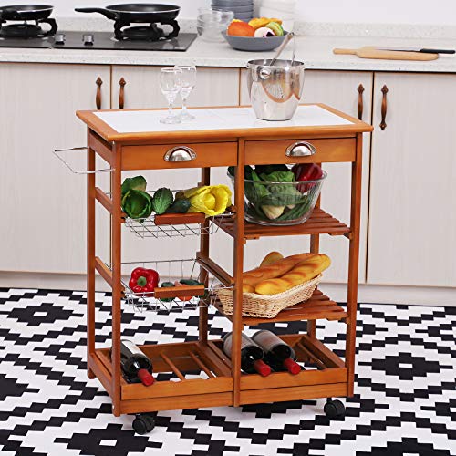 HOMCOM Carrito para Cocina Multifuncional Carrito Auxiliar de Madera con Gran Espacio de Almacenaje Cajones Cestas Estantes 4 Ruedas Freno