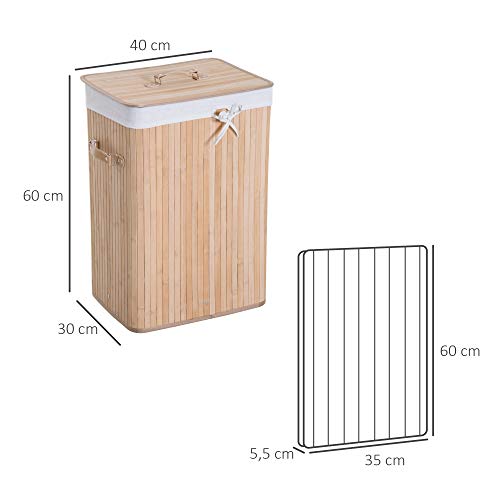 HOMCOM Cesto para Ropa Sucia Plegable con Tapa Cubo para Colada Cesta de Lavandería Rectangular Bambú 70L con Asas 40x30x60cm