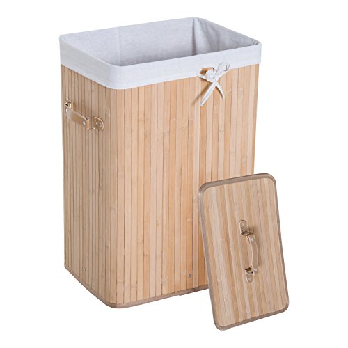 HOMCOM Cesto para Ropa Sucia Plegable con Tapa Cubo para Colada Cesta de Lavandería Rectangular Bambú 70L con Asas 40x30x60cm