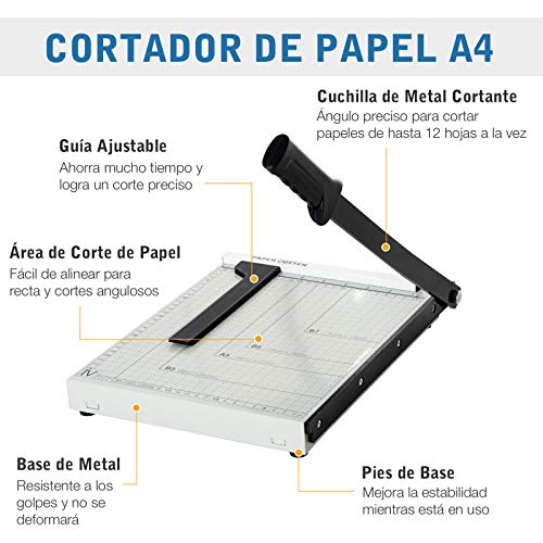 HOMCOM Cortador de Papel A4 Guillotina Profesional para Papelería Fotográfica Oficina Estudio Escuela Capacidad 12 Hojas con Regla Guía Cizalla de Cuchilla 48x26.5x5cm