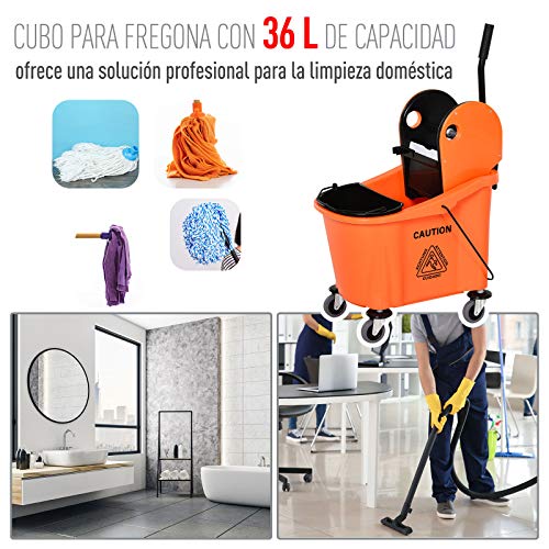 HOMCOM Cubo para Fregona Comercial Cubeta de Trapeador con Escurridor de Presión Abajo Capacidad de 36L con 4 Ruedas Silenciosas 2 Cubetas Separadas 54x41x91,5 cm Naranja