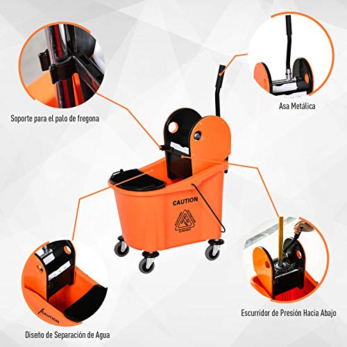 HOMCOM Cubo para Fregona Comercial Cubeta de Trapeador con Escurridor de Presión Abajo Capacidad de 36L con 4 Ruedas Silenciosas 2 Cubetas Separadas 54x41x91,5 cm Naranja