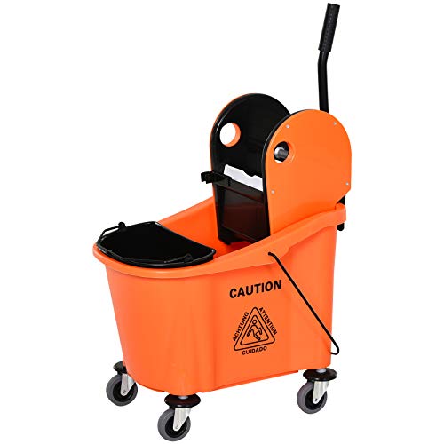 HOMCOM Cubo para Fregona Comercial Cubeta de Trapeador con Escurridor de Presión Abajo Capacidad de 36L con 4 Ruedas Silenciosas 2 Cubetas Separadas 54x41x91,5 cm Naranja