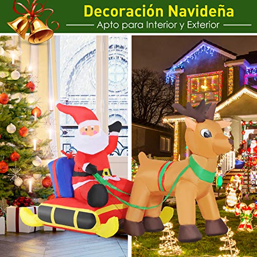 HOMCOM Decoración Navideña Inflable Papá Noel con Reno 8 Luces LED Iluminación Navideña Interior y Exterior 152x72x122cm