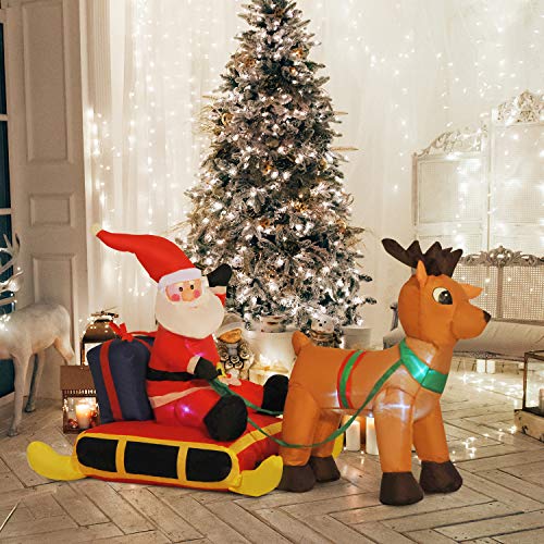 HOMCOM Decoración Navideña Inflable Papá Noel con Reno 8 Luces LED Iluminación Navideña Interior y Exterior 152x72x122cm