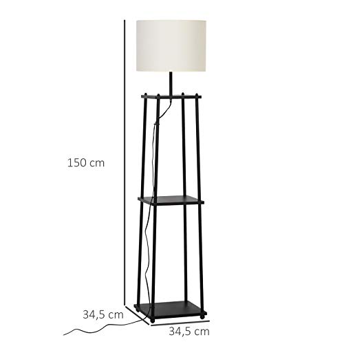 HOMCOM Lámpara de Pie Iluminación Moderna Multifuncional con 3 Estantes de Almacenaje Interruptor de Pedal Diseño Elegante Pantalla de Tela 34,5x34,5x150 cm Negro y Crema