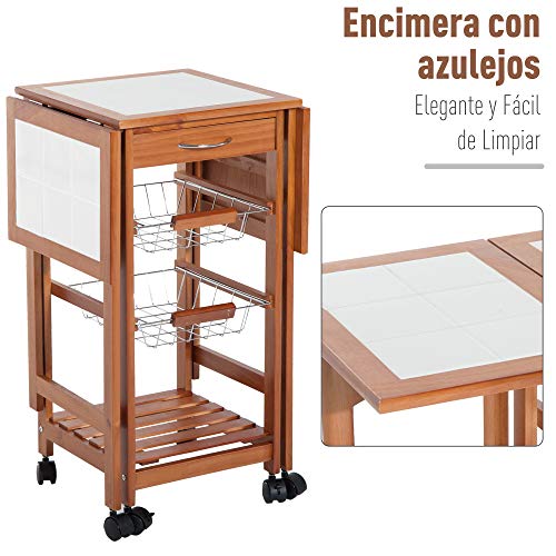 HOMCOM Mesa Auxiliar Cocina 91x37x75 cm Plegable 6 Ruedas 1 Cajon 2 Cestas Carrito Servicio Pino Metal Cromado