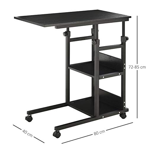 HOMCOM Mesa Auxiliar de Sofá Mesa Lateral en Forma de C con 4 Ruedas Giratorias Frenos Altura Ajustable 3 Niveles Marco Metal 80x40x72-85 cm Negro