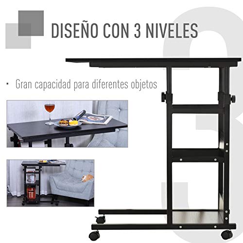 HOMCOM Mesa Auxiliar de Sofá Mesa Lateral en Forma de C con 4 Ruedas Giratorias Frenos Altura Ajustable 3 Niveles Marco Metal 80x40x72-85 cm Negro