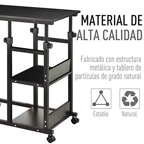 HOMCOM Mesa Auxiliar de Sofá Mesa Lateral en Forma de C con 4 Ruedas Giratorias Frenos Altura Ajustable 3 Niveles Marco Metal 80x40x72-85 cm Negro