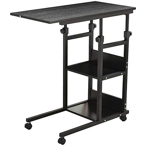 HOMCOM Mesa Auxiliar de Sofá Mesa Lateral en Forma de C con 4 Ruedas Giratorias Frenos Altura Ajustable 3 Niveles Marco Metal 80x40x72-85 cm Negro