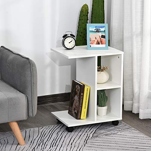 HOMCOM Mesa Auxiliar Multifuncional Mesa Lateral de Sofá en Forma de C con Estantes Abiertos y Ruedas con Bloqueo Diseño Compacto 45x35x58 cm Blanco