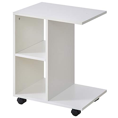 HOMCOM Mesa Auxiliar Multifuncional Mesa Lateral de Sofá en Forma de C con Estantes Abiertos y Ruedas con Bloqueo Diseño Compacto 45x35x58 cm Blanco