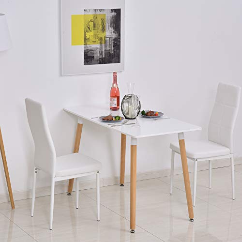 HOMCOM Mesa de Comedor de Estilo Nórdico Moderno con Patas de Madera de Haya Estructura de Metal con Almohadillas Ajustables 120x60x75 cm Blanco